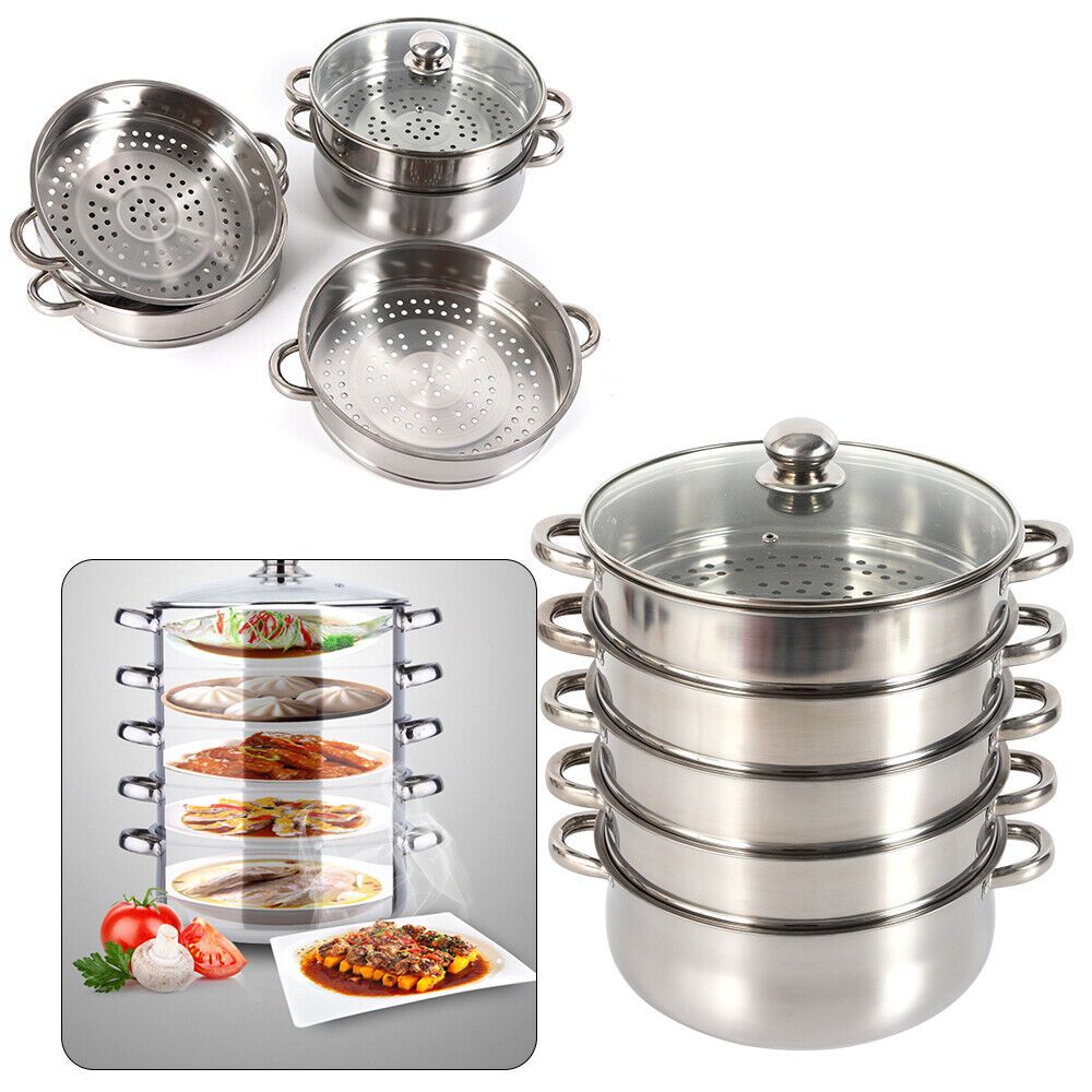 

1pc Tool1shooo 5-tier Stainless Steel Steamer Set With Glass Lid - Multi-level Stackable Steamer Baskets For Cooking And Steaming