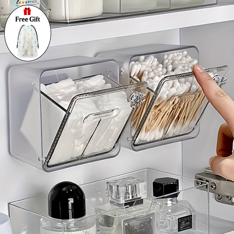 TEMU 2pcs Set: 1 Storage Box + 1 Free Cactus Storage Pouch. Swab Storage Box, Wall-mounted Makeup Pad Organizer. Suitable For Bathrooms, Washbasins,