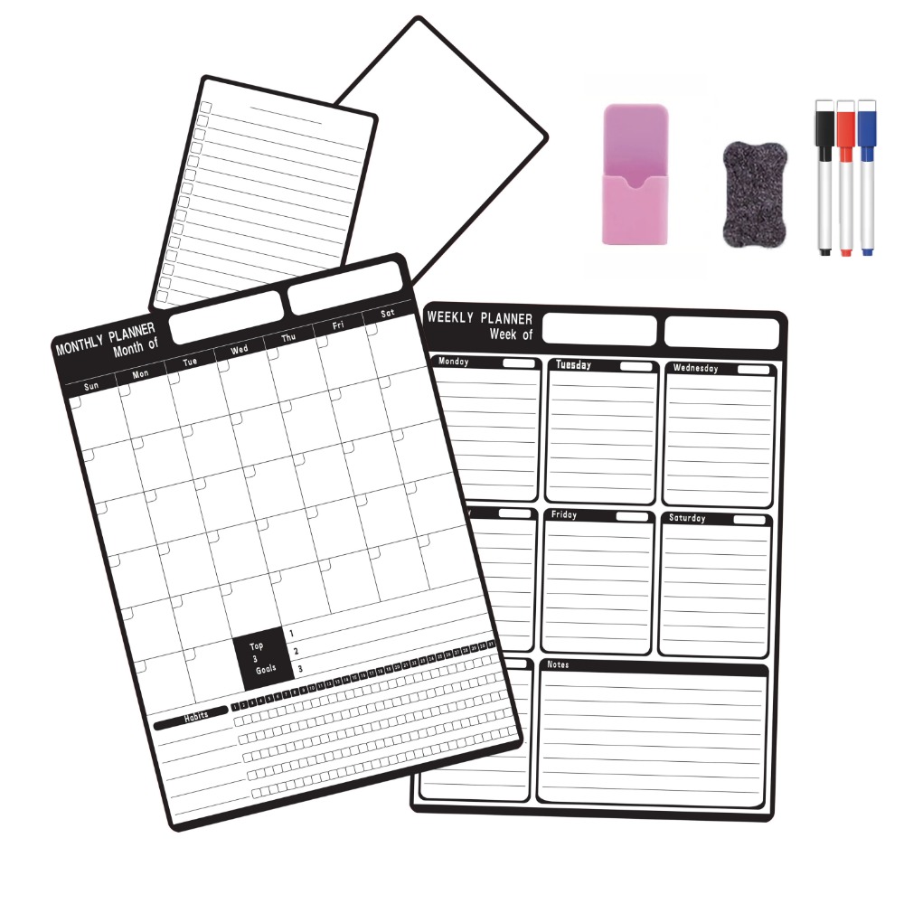 TEMU 4pcs Magnetic Fridge Calendar Whiteboard Set With 3 Markers And 1 Eraser And 1 Storage Box, Monthly Weekly Planner Blank And To-do List Boards,