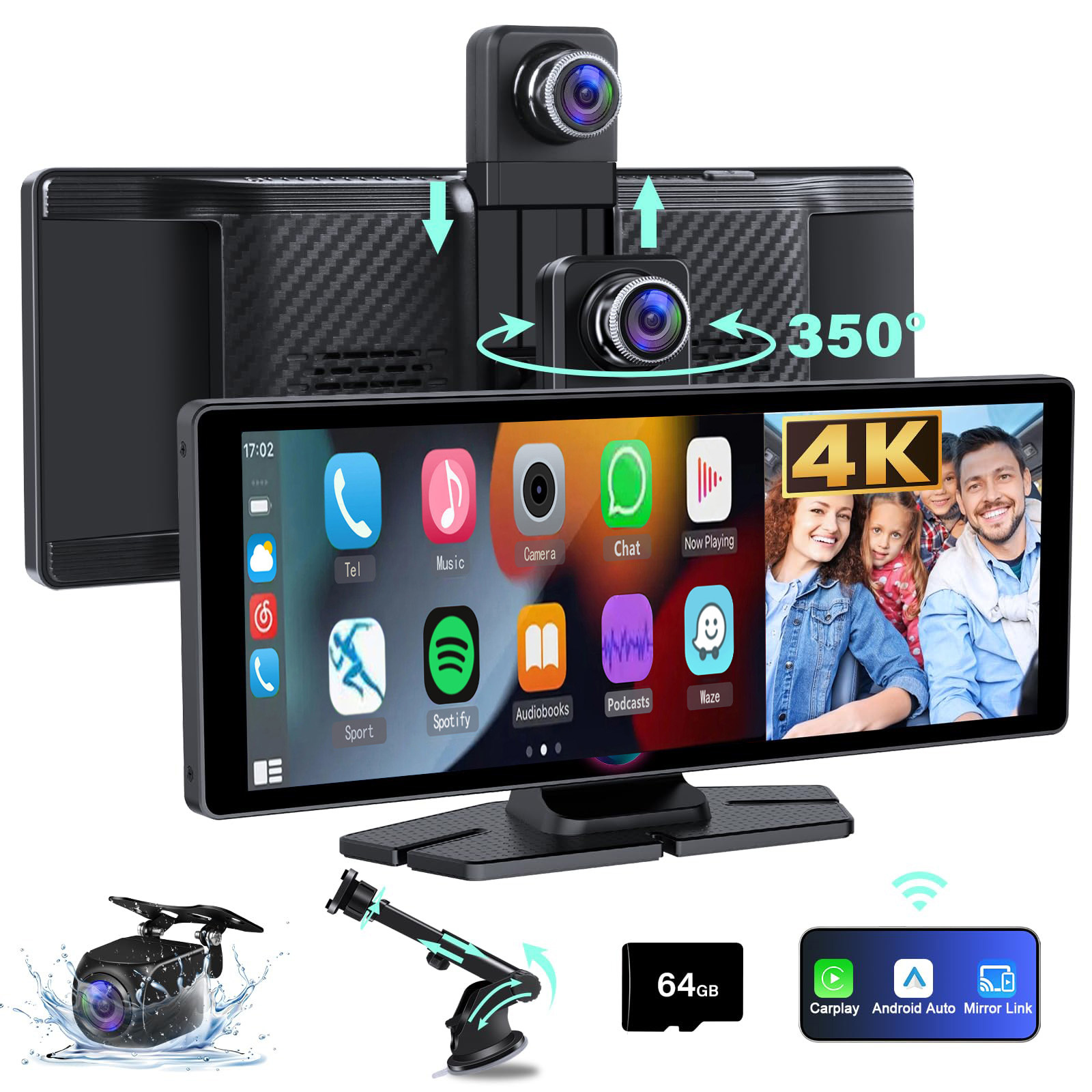 10.26 Inch 4k Dash Cam And Auto Car Dvr Gps Navigation Video Recorder Dashboard Mirror Monitor Car With 64g Memory Card, Without Battery
