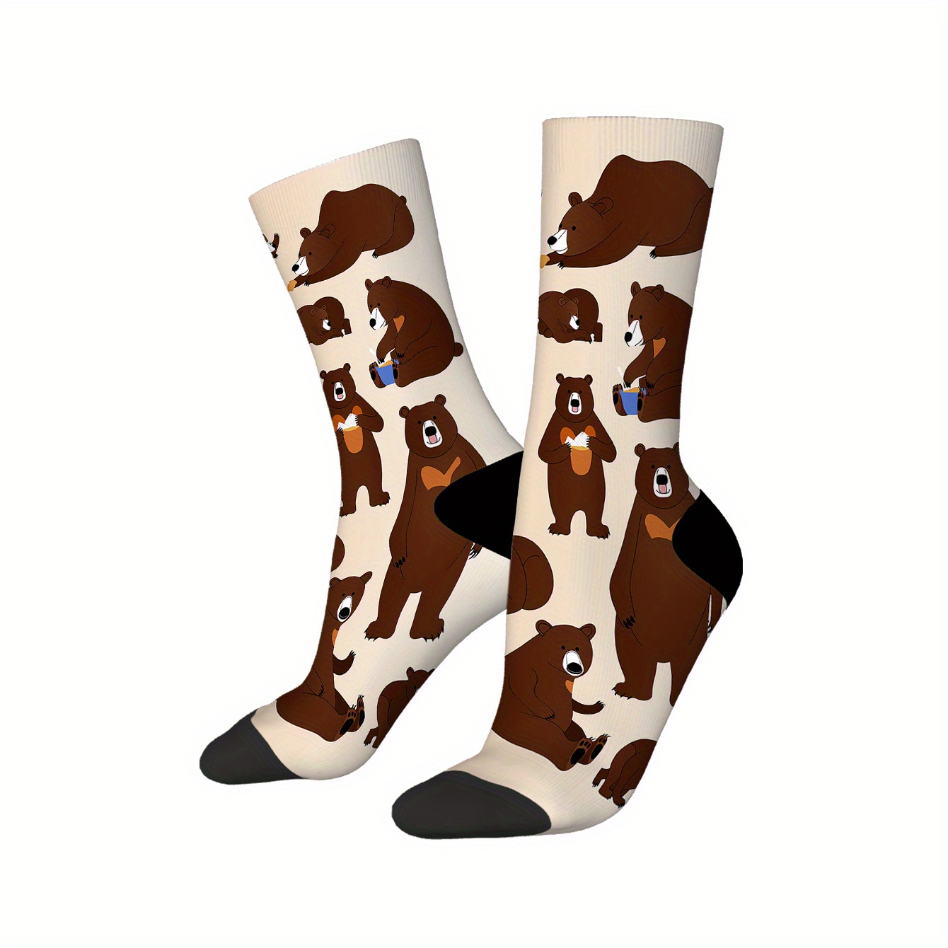 TEMU 1 Pair Of Print Socks, A Set Of Brown Bear Cartoon Images With Poses Such As Standing And Sitting, Cute And High-quality Women's Socks,