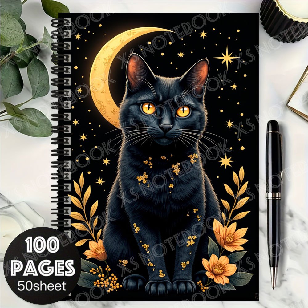 TEMU A Spiral Notebook Featuring A Starry Sky And A Black Cat Illustration, With 100 Pages Of High-quality Paper. The Cover Showcases A Black Cat A