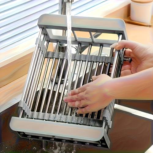 2026 new thickened and practical adjustable stainless steel extendable draining rack heavy duty no drill sink storage rack space saving draining rack striped design suitable for tableware and cookware fits sink and countertop utility racks