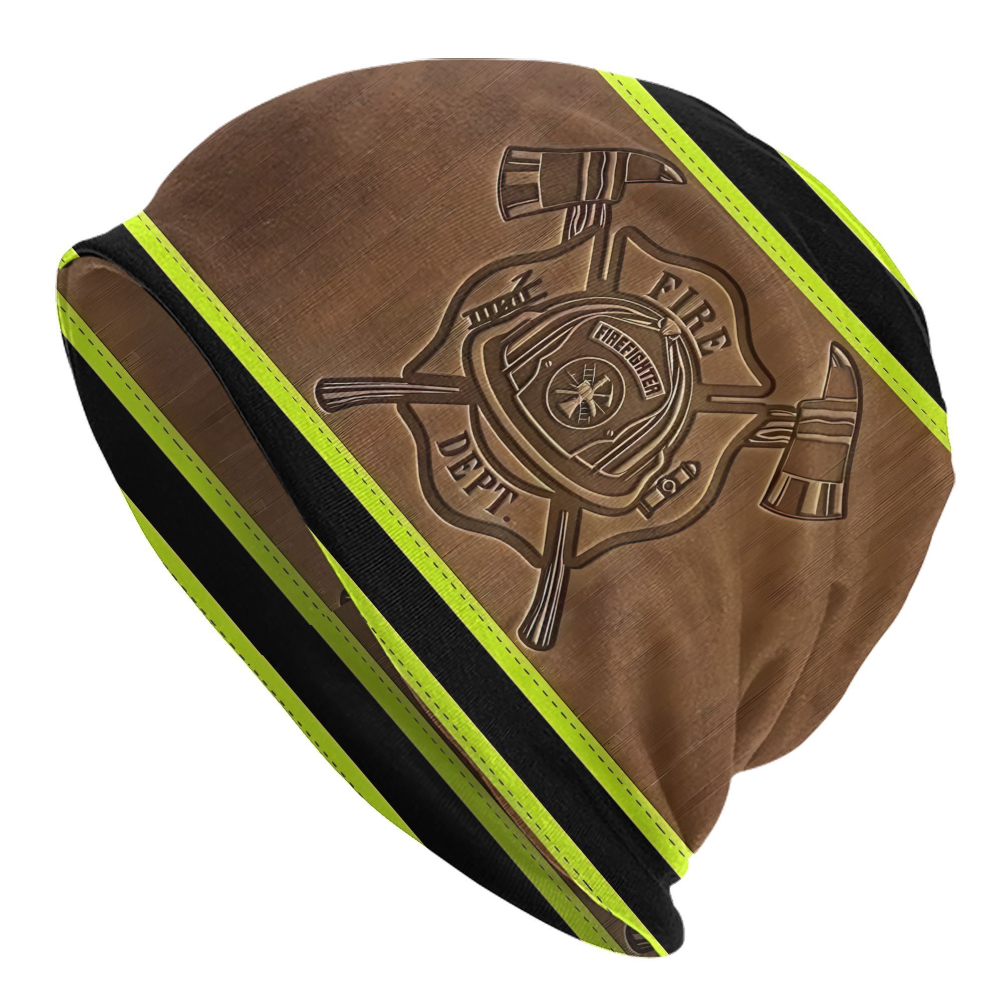 

Men's Firefighter-themed Knit Beanie Hat - Stylish Brown Skull Cap With Fire Design, Neon & Reflective Safety For Casual Wear, Firefighter Gifts