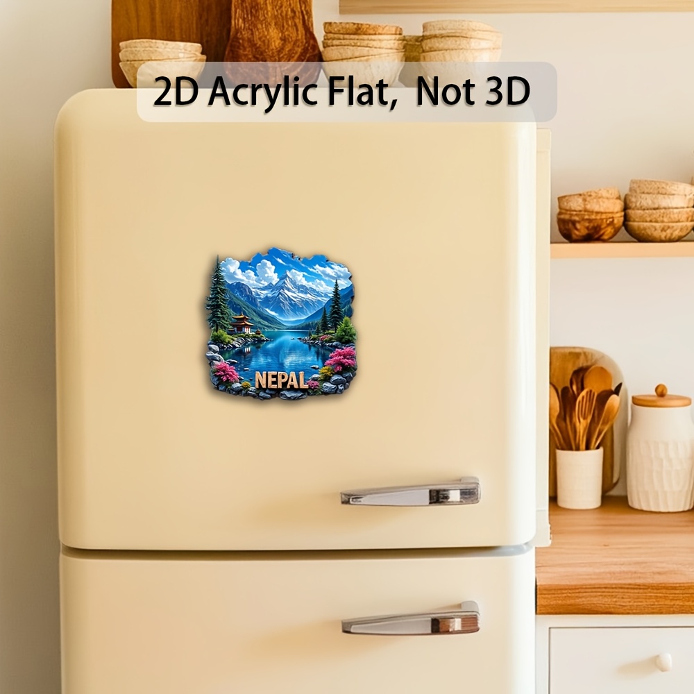 A Single Decorative Plaque And Ornament in The Form of a 2D Flat Acrylic Fridge Magnet Featuring a Landscape from Nepal. This Fridge Sticker Serves As a Travel Keepsake And Is Ideal for Enhancing Home Decor, Particularly in Kitchens