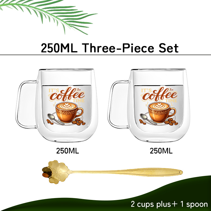 TEMU 3pcs (2 Cups And 1 Spoon) Double-layer Borosilicate Glass Mug With Design Pattern, Suitable For Coffee, Tea, And Dairy Beverages. Suitable For