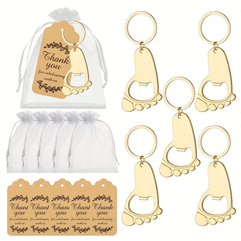 15pcs paper footprint keychain bottle opener set non electric   organizer bag and thank you tags   guest gifts presents supplies and decorations