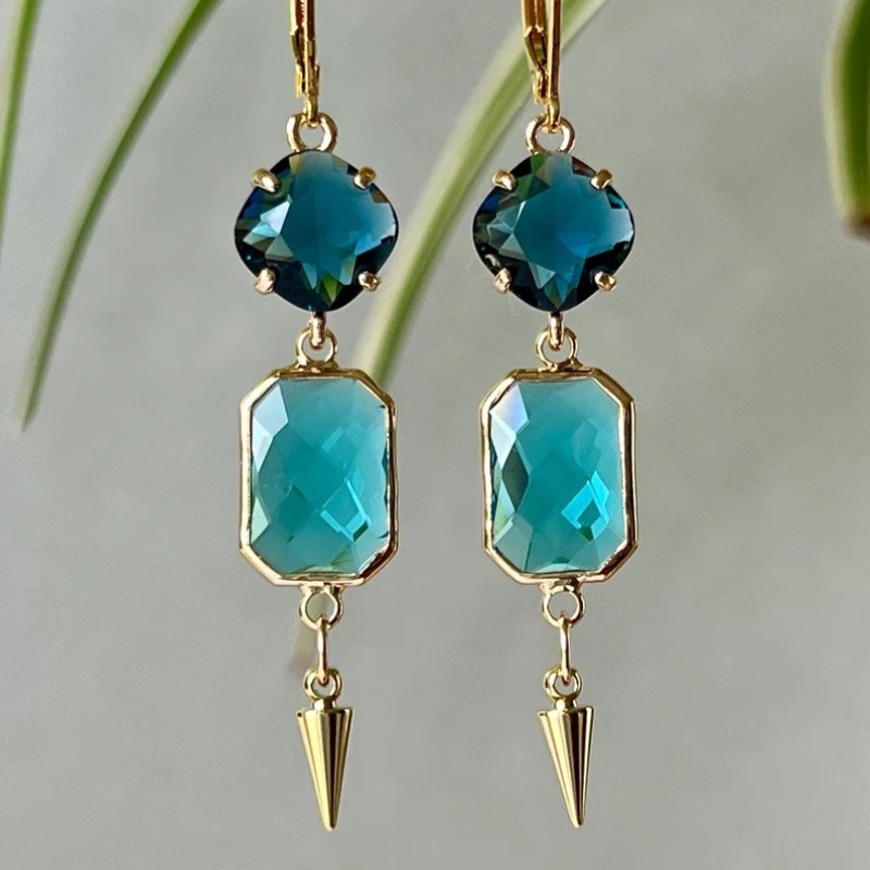 TEMU 2pcs Vintage Bohemian Style Geometric Glass Ocean Blue Synthetic Synthetic Zirconia Tapered Golden Dangle Earrings For Daily Party Gathering