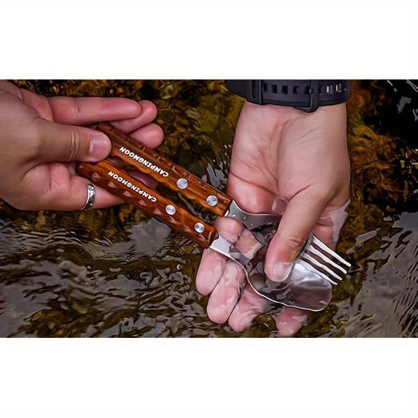   stainless steel camping fork and spoon combo 2- pack metal sporks set of 2 with solid wood handle salad forks spork camping utensil for hiking backpacking, camping accessories and equipment, camping gear, camping dinnerware set, camping kit, camping accessories, backpacking essentials, hiking utensils, portable cutlery,  ,   steel, rustresistant material, spork set Product details 6