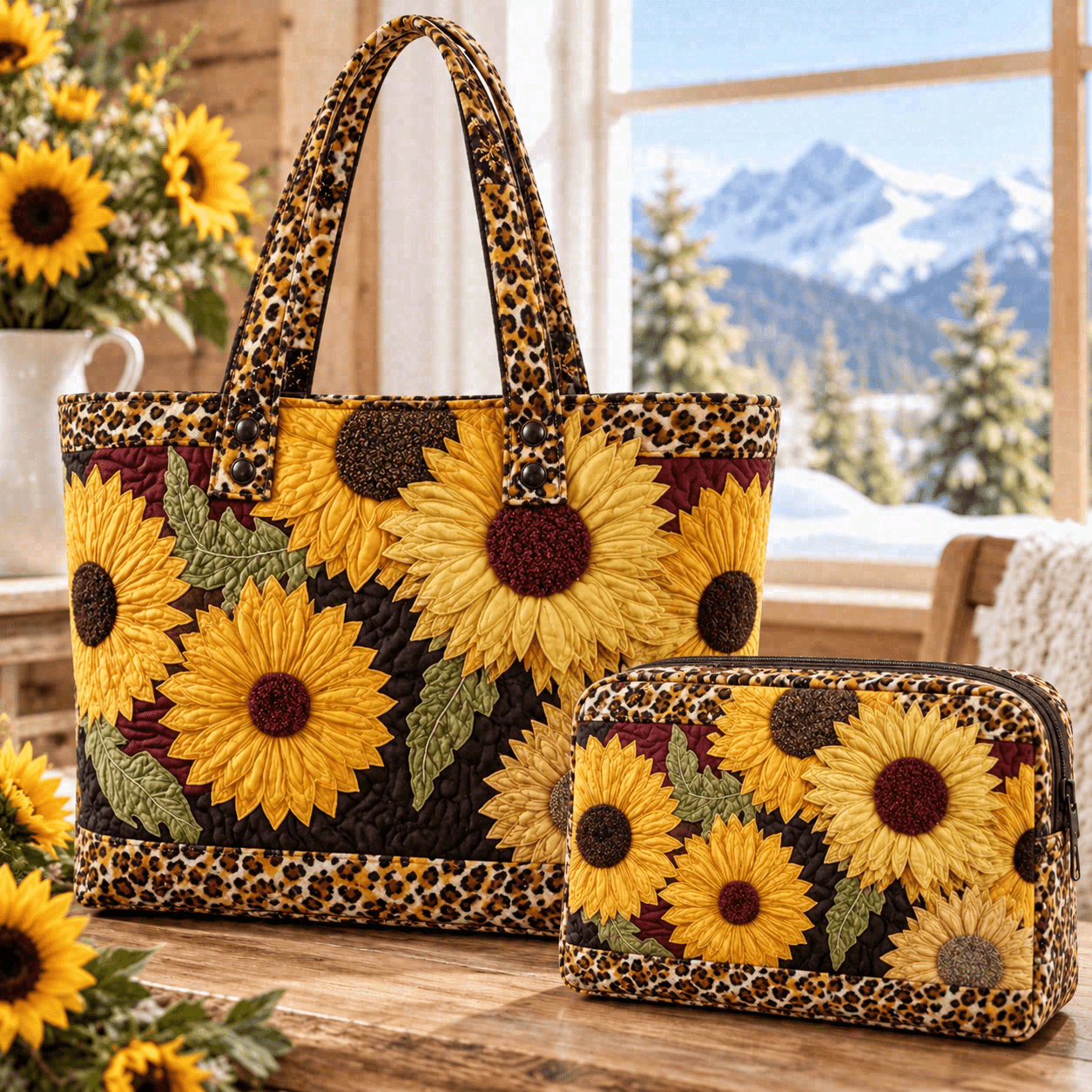 TEMU 2pcs Sunflower And Leopard Print Quilted Tote Bag Set With Matching Pouch, Golden Floral Visual, Large Capacity Fabric Tote Bag For Shopping,