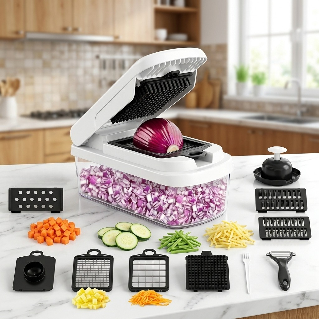 Image of Vegetable Chopper And Slicer, Onion Dicer And Cutter, Multifunctional Food Chopper, 7pcs Vegetable Dicer, Tomato Cutter, Potato And Garlic Chopper, With Peeler