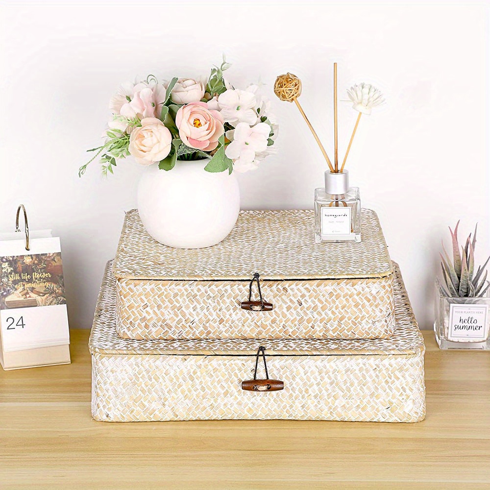 2pcs Set of Flat Woven Wicker Storage Bins with Lid Natural Seagrass Basket Multipurpose Home Boxes for Shelf Organizer