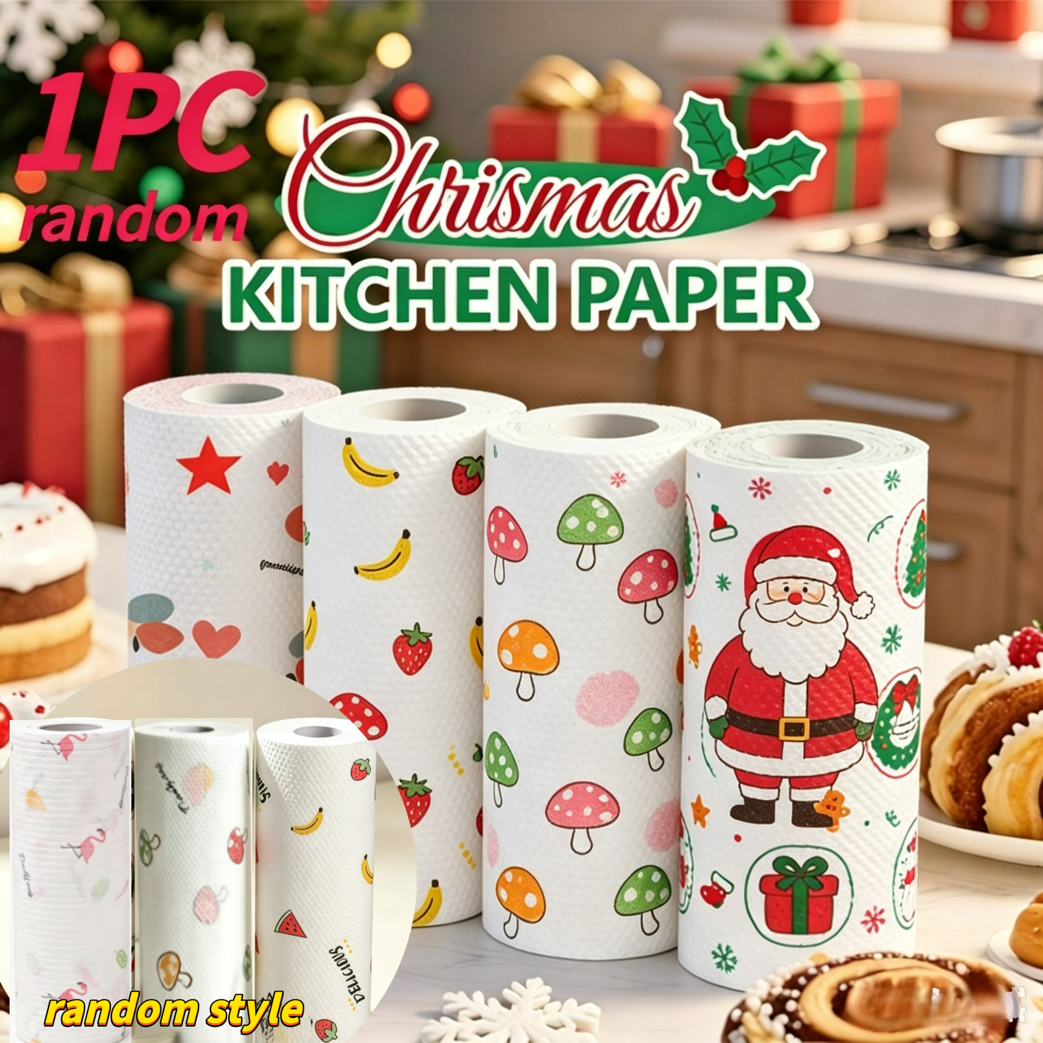 TEMU Essuie-tout de cuisine de Noël, épaissis et durables, styles expédiés aléatoirement, adaptés au nettoyage de à sec et à , rouleaux épaissis ,