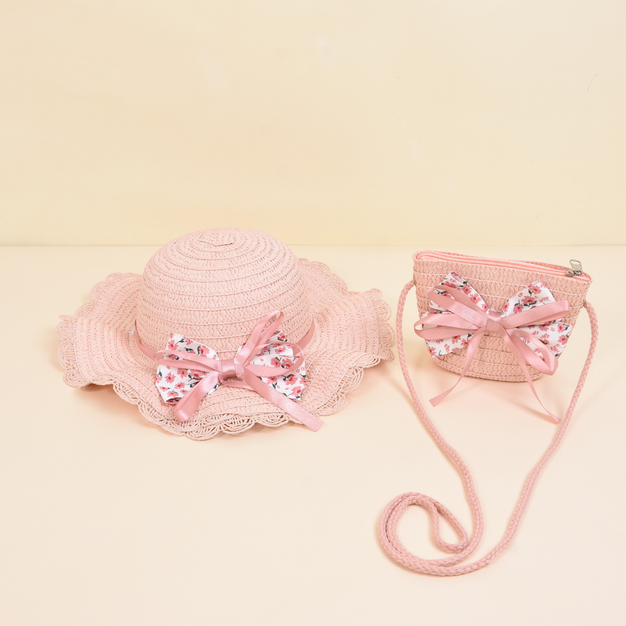 E-shop 2-teiliges Set für Mädchen -6: Strohhut mit Schleife -Set, Frühling/Sommer-Accessoires, schönes niedliches Mädchen-Hut-Set, einfaches