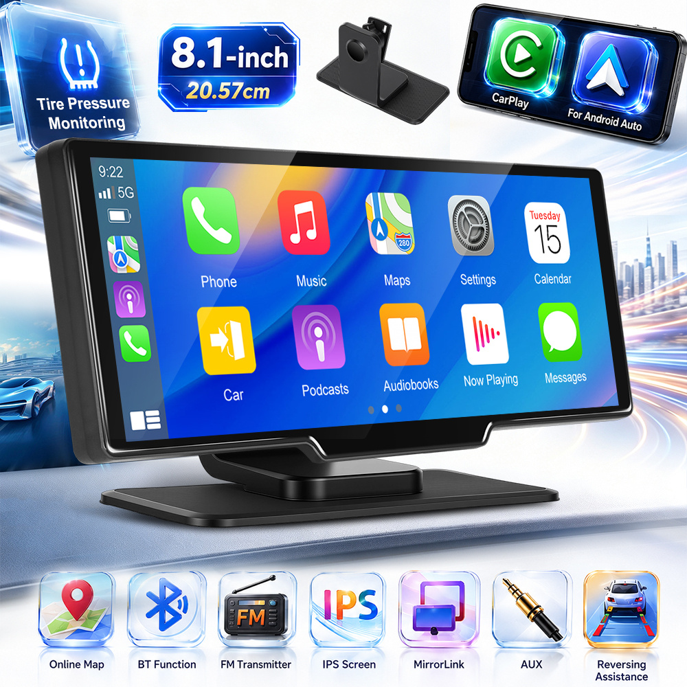 Image of 8.1 Inch Portable Carplay Screen With Wireless Carplay And Auto, 1600×600 Hd Ips Touchscreen, Wireless , Wireless Music, Fm Transmitter, And Aux Audio For Daily Driving