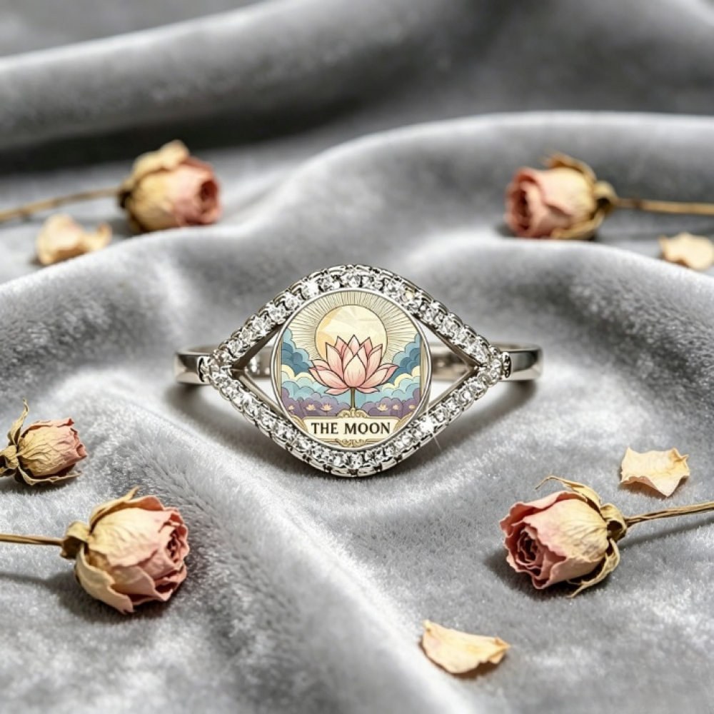 Women's Retro Style Pink Lotus Moon Ring, Hypoallergenic