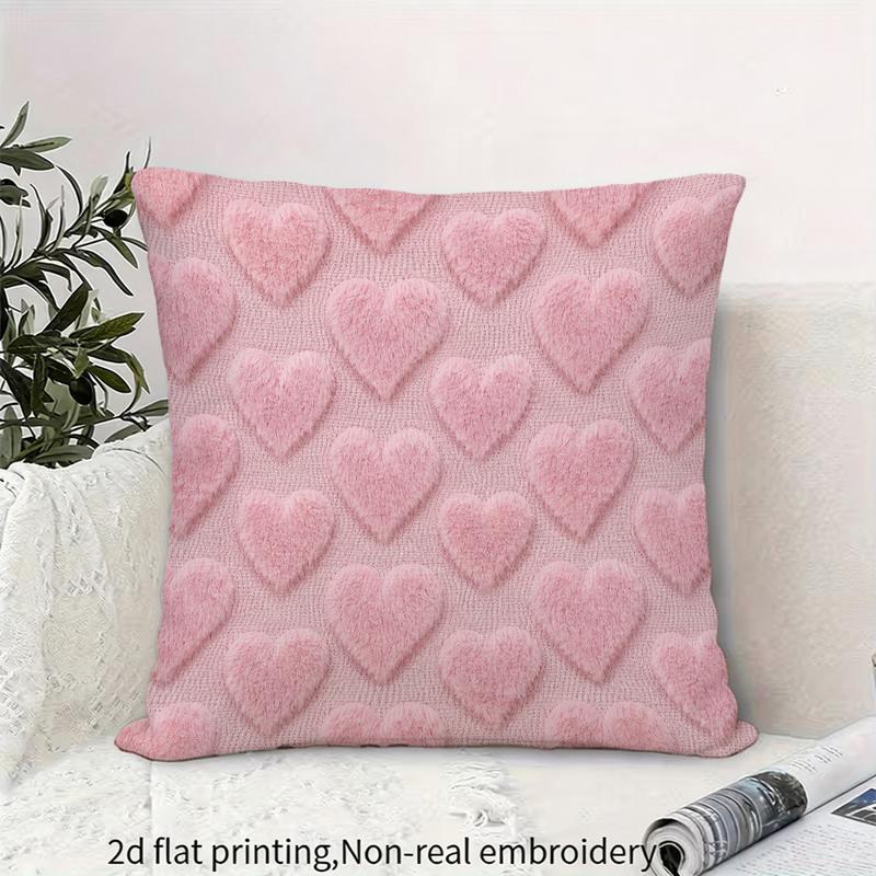 TEMU 1pc Double-sided Throw Pillow Cover, Multiple Specifications , Pink Square With Fluffy Heart Pattern, 2d Flat Printed, Soft Textured, Romantic
