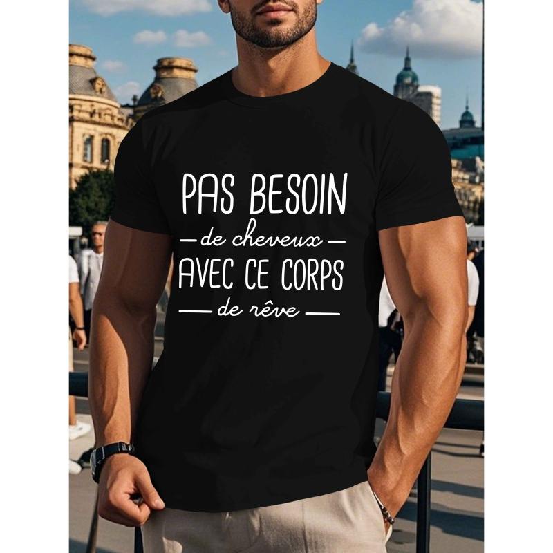 

T-Shirt Homme avec Française Amusante - Polyester Décontracté, Manches Courtes, Col Rond, Haut d'Été à Imprimé Géométrique, Lavable en Machine