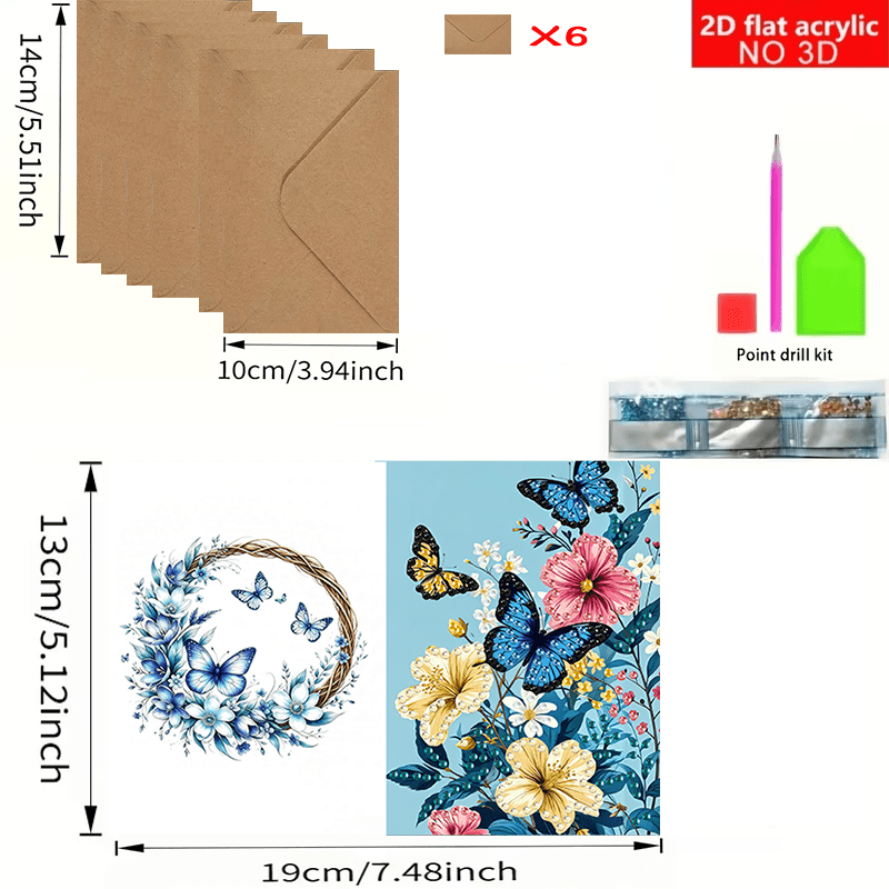 TEMU 6pcs 2d Flat Printing, New , 6pcs Diy Diamond Painting Greeting Card Set, Fun And Floral With Rhinestone Embellishments, Suitable For , Birthday