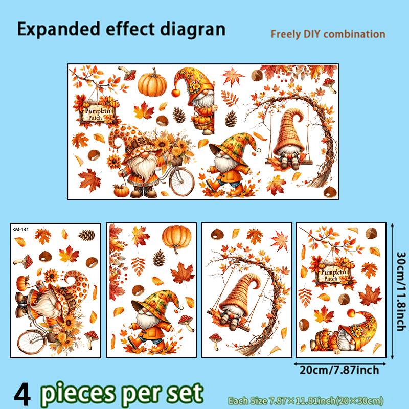 Image of 4pcs, Autumn Gnome Window Cling Stickers, Gnome Maple Leaf Design, Wall And Window Decor, Home Decoration, Party Supplies, And , Ideal Gift