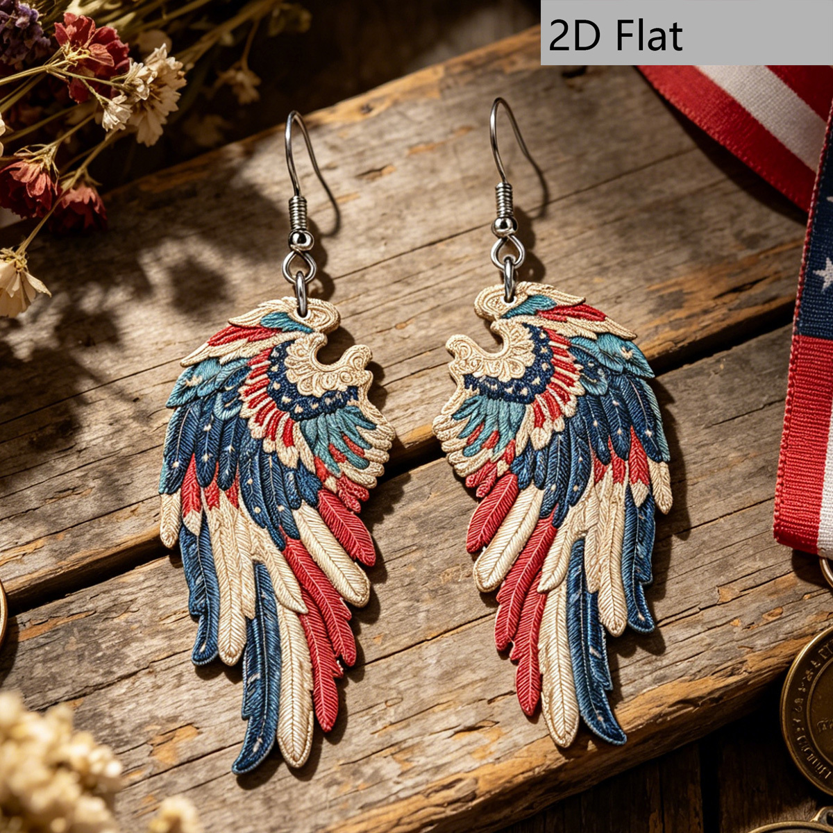 TEMU 2d Flat 1 Pair American Day Earrings, Vintage Striped Star Wing Pendant Earrings, Women's Wooden Double-sided July 4th National Day Earrings,