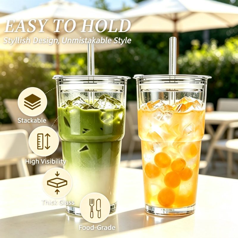 TEMU Dotocook 2pcs Iced Coffee Cups With Lids, Coffee Bar Accessories Tumbler Leak Proof For To Go Iced Coffee Cup With Lid 13, 20oz Glass Cup With