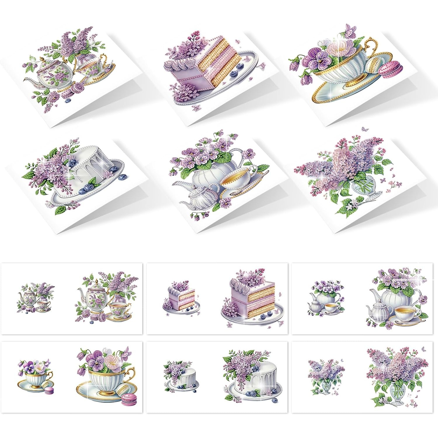 TEMU Set van 6 Diamant Schilderen Wenskaarten met Enveloppen, Afternoon Tea Thema Lavendel Diamant Kunst Kaarten Ontworpen voor Zegeningen en Goede