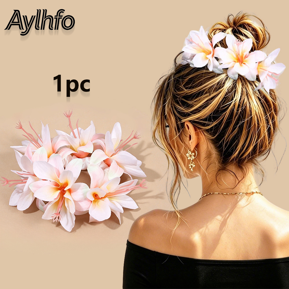TEMU Aylhfo 1pc New Hawaiian Style Simulated Double-layer Hibiscus Flower Egg Hair Tie, Beach Vacation Vibe Hair Cord, Versatile Hair Tie For Beach,