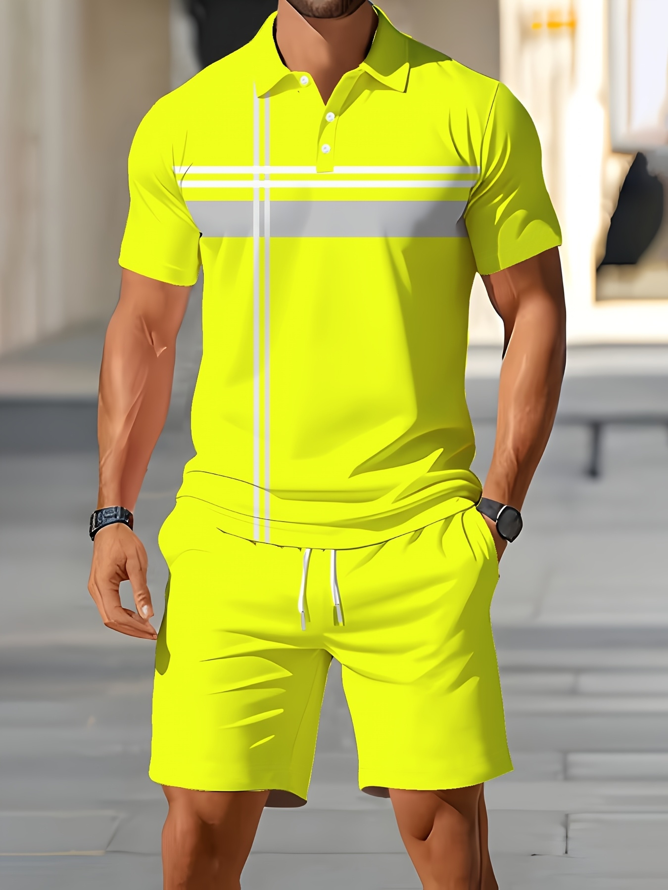 ensemble décontracté   pour homme - chemise et shorts 2 pièces pour tenue   en extérieur 0