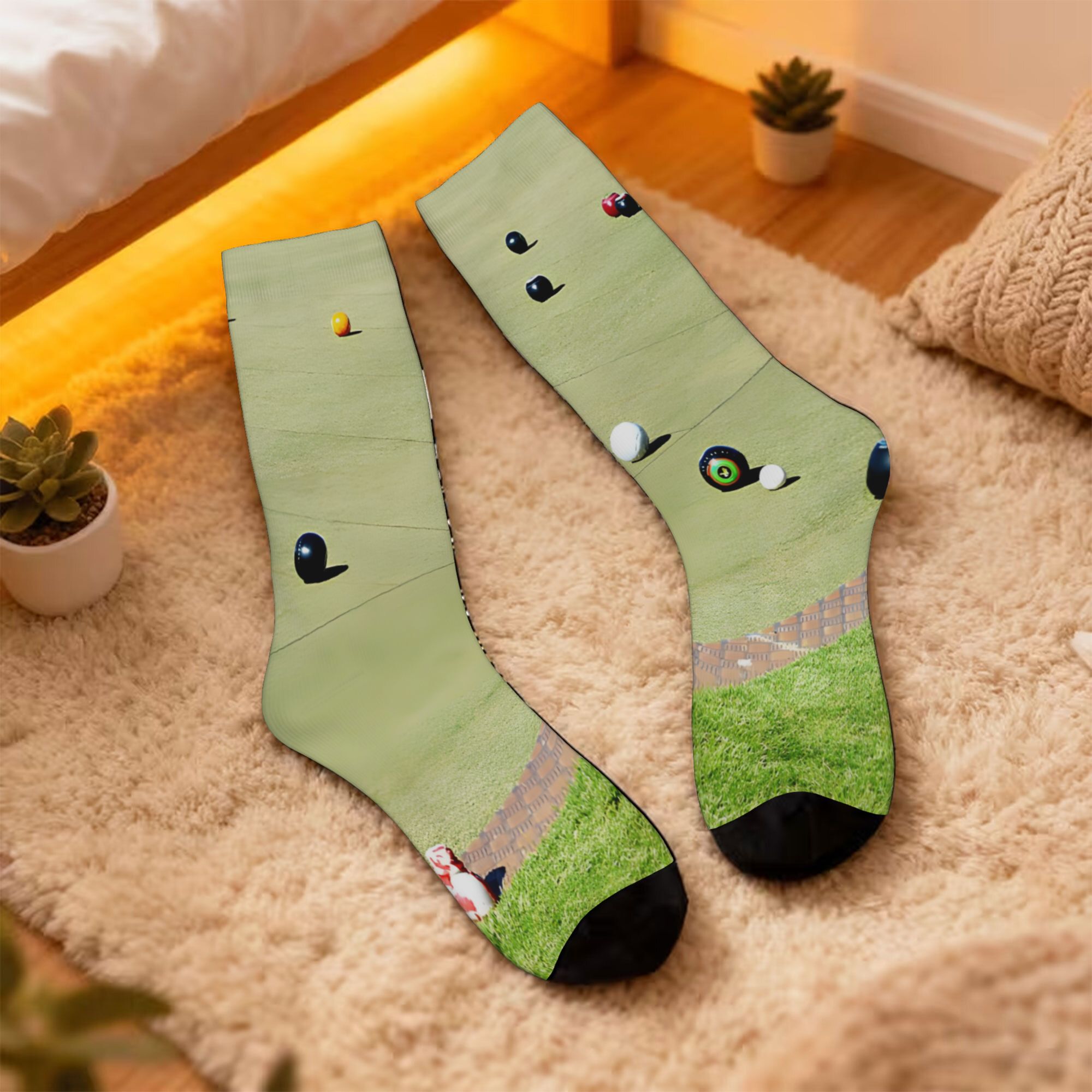TEMU 1 Pair Funny Crazy Socks For Men Lawn Bowls Playing Lawn Bowls Competition Hip Hop Harajuku Happy Quality Pattern Printed Compression Sock