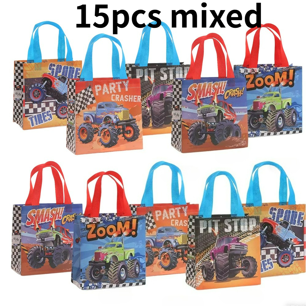 TEMU Gift For Her/him 15pcs Gift Bags For A Racing Party, Featuring Cartoon Designs. Non-woven Bags With Truck And Off-road Vehicle Prints, Suitable