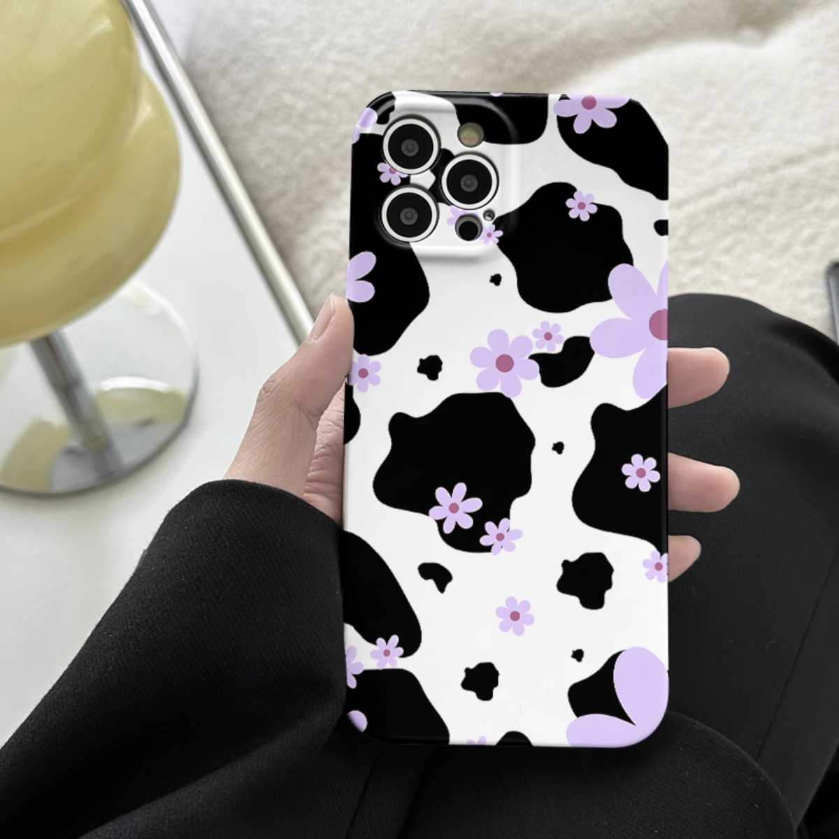 TEMU Phone Case - Slim Phone Case Featuring A Cow Print And Purple , Offering Complete Shockproof Protection And Lens Coverage. Compatible With For