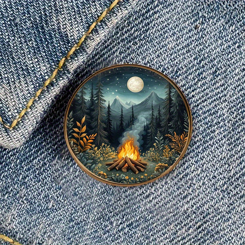 1pc Nature Camping Forest Alloy Resin Round Brooch Badge Perfect For Backpacks, Hats, Clothes, Shoes, And Boots Decoration