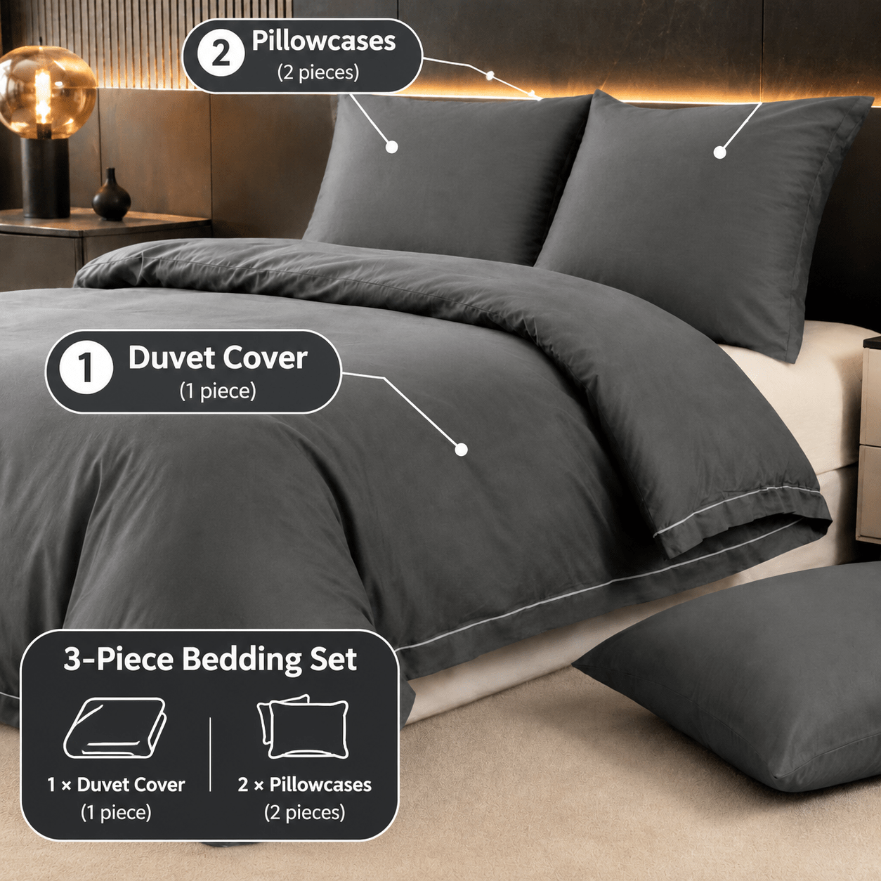 Image of Premium Bedding - 135 X 200cm + 80 X 80cm, 100% Cotton, 60-count, 2/3pcs Set With Duvet Cover And Pillowcase, Reversible Bedding, Soft & Breathable, Grey