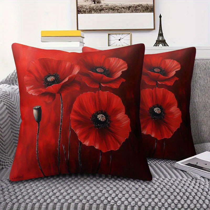 TEMU 2pcs, Taies d'oreiller courtes en tissu pelucheux avec impression simple face, Housses de coussin rouges à motif de fleur de coquelicot
