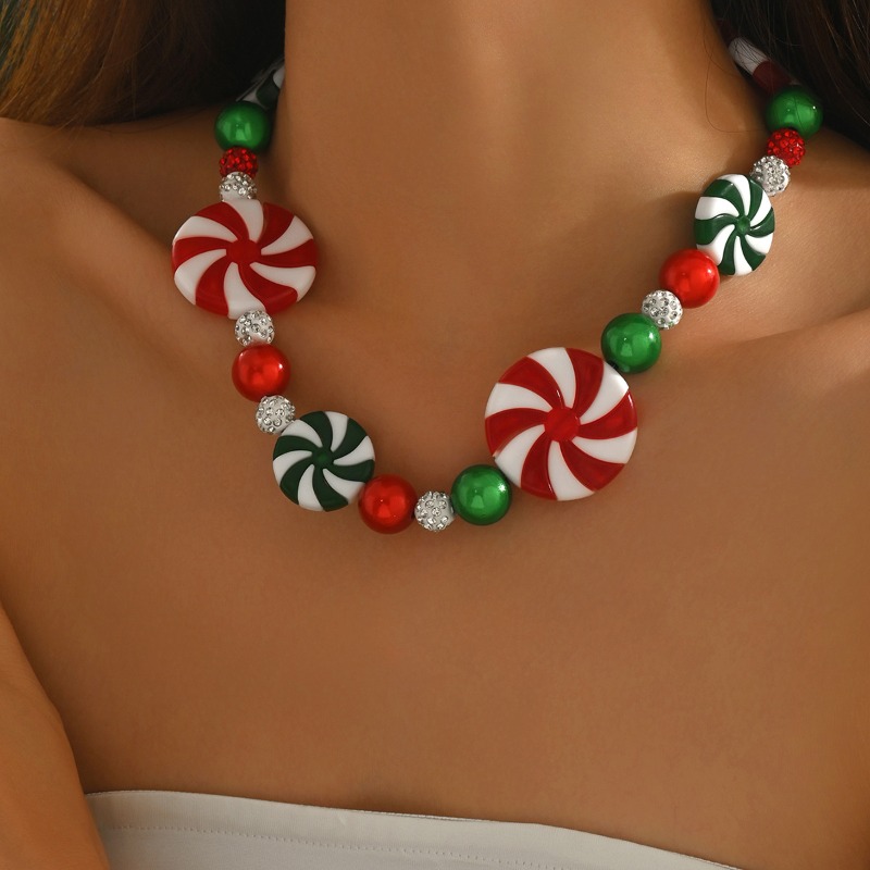 TEMU Ladies Bohemian Y2k Candy Necklace With Heart-shaped Peppermint Pendant & December Birthstone - Suitable For Christmas, Mardi Gras, Casual