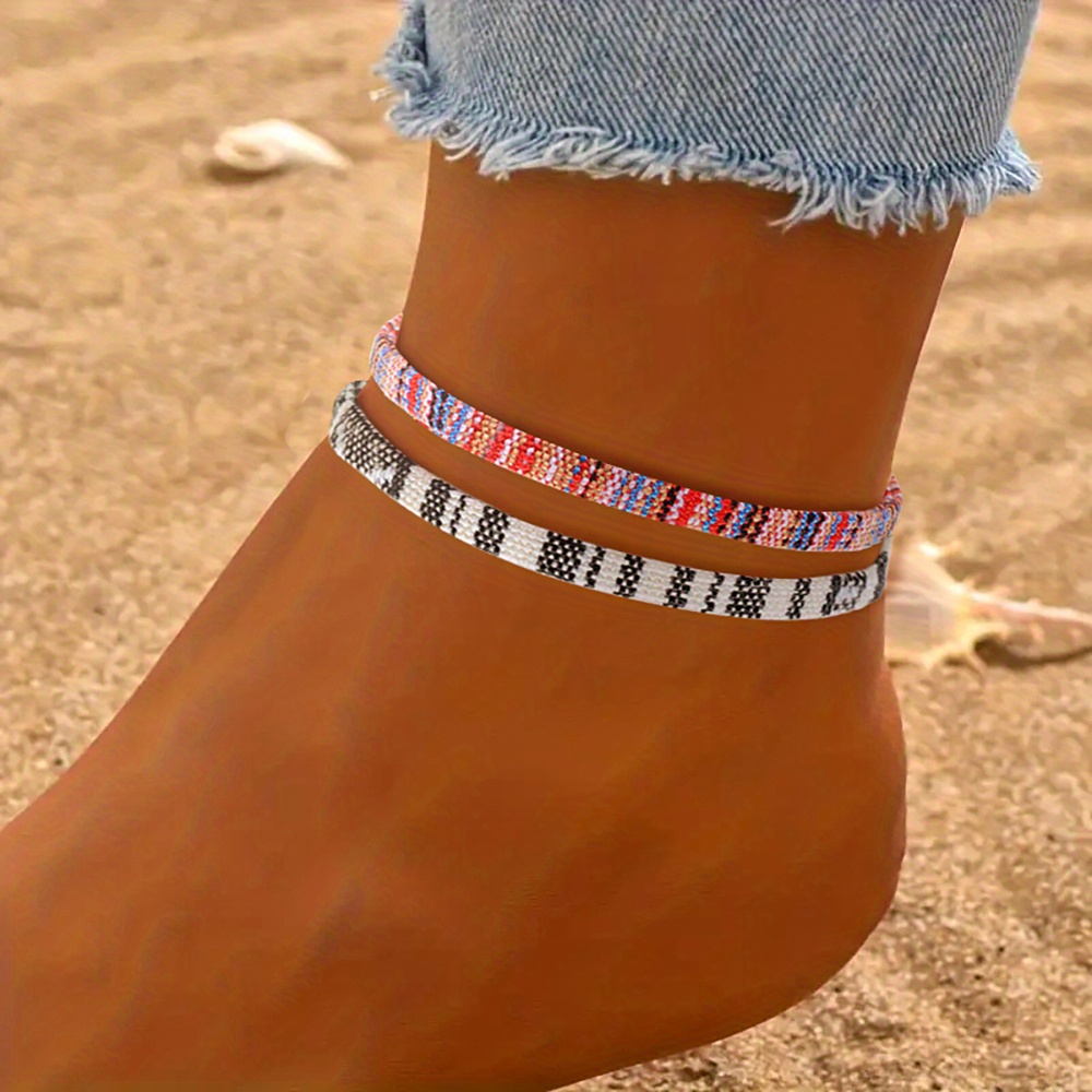 Men's 2pcs Knitted Ankle Bracelet Set, Bohemian Style