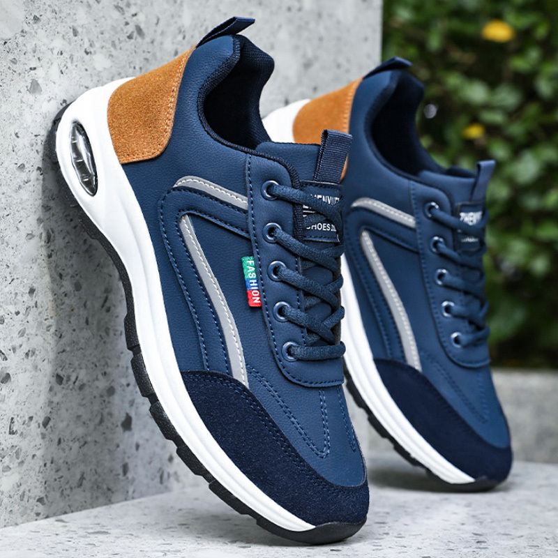 a pair of fashionable brand mens shoes trendy and versatile mens road running sneakers black and   block breathable pu material wear resistant pvc sole comfortable   fitness walking shoes street style fabric lined design