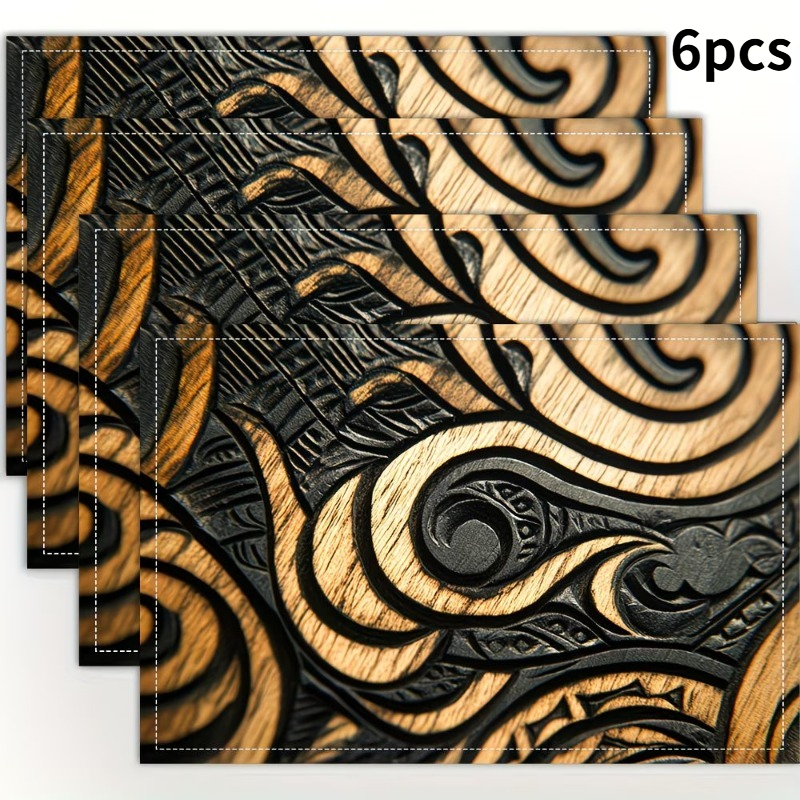 TEMU 4/6/8pcs Maori Table Suitable & Dining, Hemp Placemats With Wood Carving Tribal Patterns, Machine Washable Rectangular -length For Home Wedding