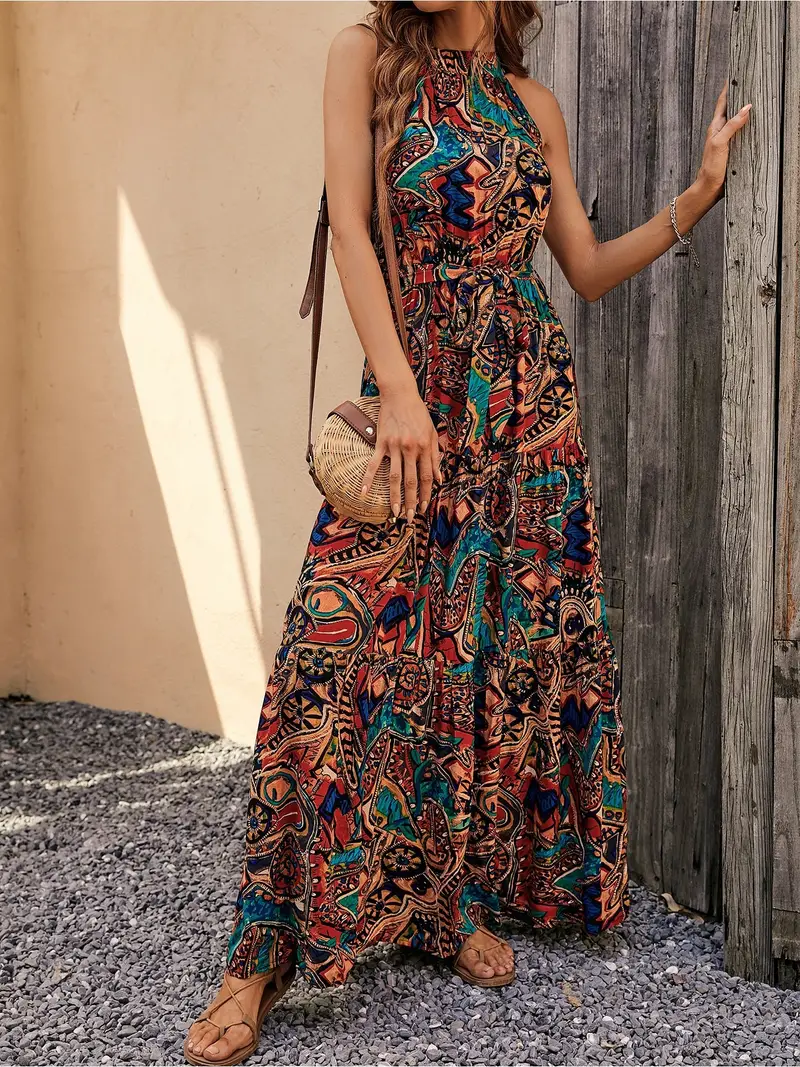 Women'S Casual V-Neck Long Maxi Dress with Belt, Polyester Woven Fabric, Printed, Fitted Style, for Spring/Summer