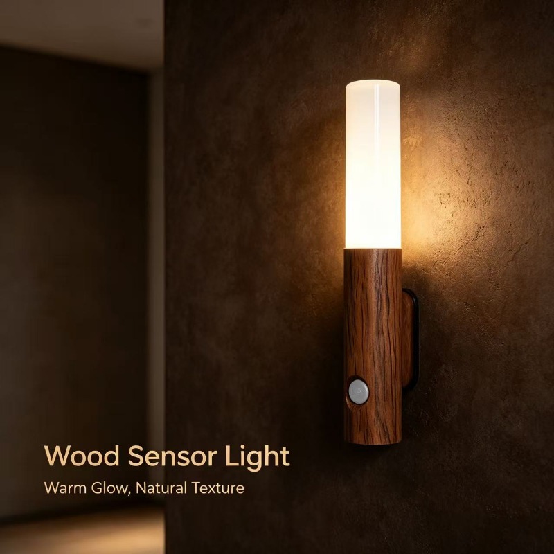 TEMU Vintage Walnut-colored Plastic Sensor Mirror Front Lamp - Grain Magnetic Rechargeable Wall Sconce, Pir Motion Sensor Wireless Led Vanity Mirror