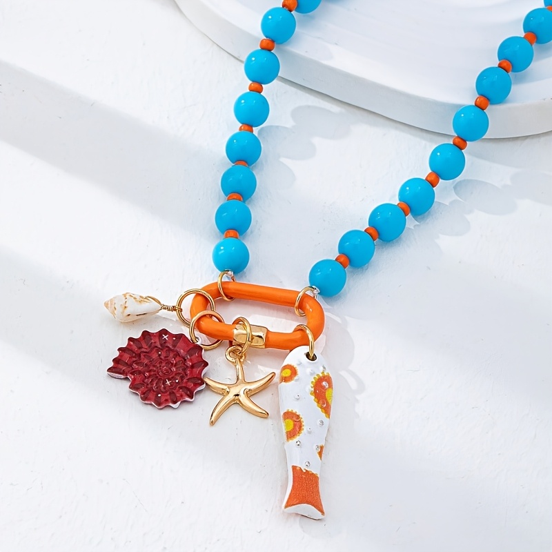 TEMU Collier de perles style bohème, combinaison de pendentifs étoile de mer artificielle individuels pour l'été, idéal pour les vacances estivales ,