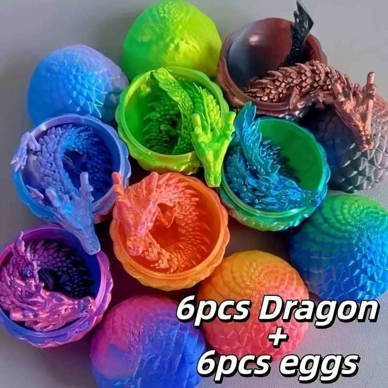 TEMU 12pcs Set(6 Dragons+ 6 ) 3d Printed Dragon And Egg Sculptures- Colored Plastic Ornaments, Suitable For Christmas, Halloween, Easter,