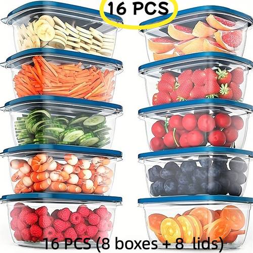 16pcs set of transparent food storage containers with blue lids stackable reusable food storage boxes with lids suitable for kitchen organization for meat fruits vegetables dishwasher and microwave safe