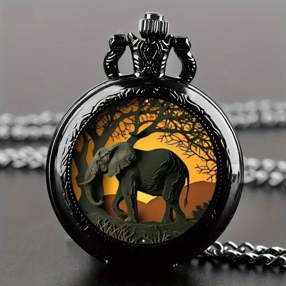 TEMU Elegant Black Necklace Pocket Watch, Elephant Creative Dressing Watch, Vintage Jewelry, Unique New Year Christmas Birthday Gift