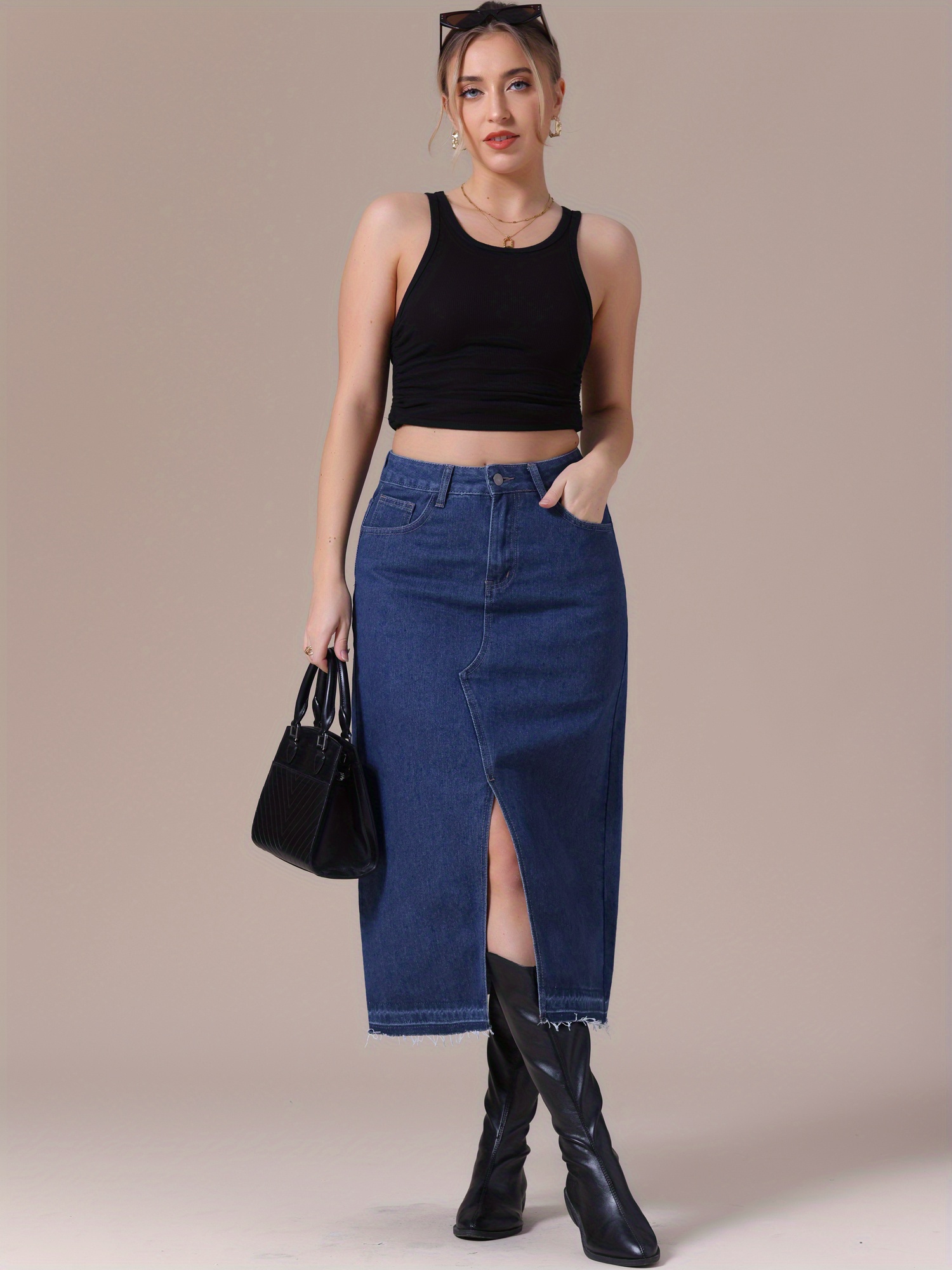 long denim skirts women regular fit button front hem Temu