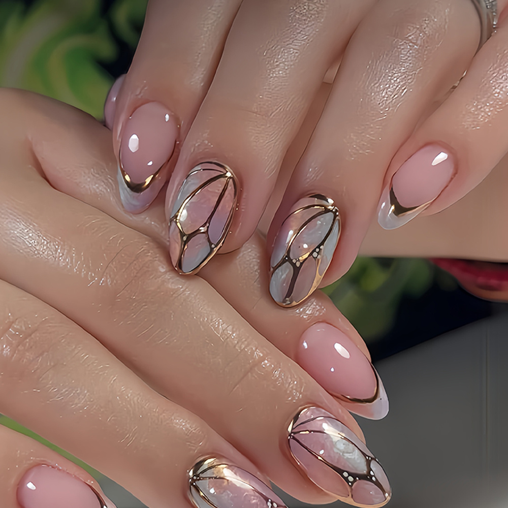 TEMU 24pcs Almond Nail Fake Nails Golden Striped Element Glossy Press-on Nails Fashion European Detachable Fake Nails Suitable For Wearing Gift For