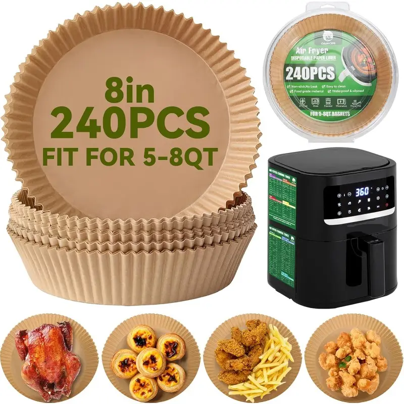 240pcs air fryer parchment paper liners - 8 inch nonstick disposable round baking sheets, 1.5x thicker bpa-free & greaseproof for 5-8 fryers, ovens, microwaves, pans | heat-resistant 428°f, compatible with instant pot, & more | easy , precise cooking times included, air fryer liners non stick, special paper for airfryer, air fryer Product details 0