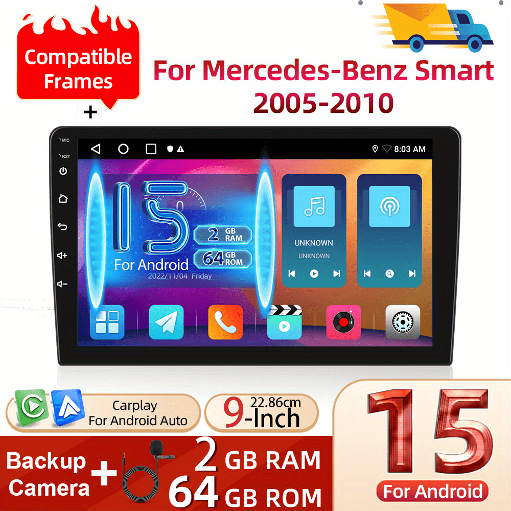 Image of [2g+64g] 15 For Mercedes-benz Smart 2005-2010 Double Din Car Stereo With Auto, Podofo 9 Inch Touch Screen 2 Din Car Radio With , Gps Navi Wifi/ Fm/ Rds Usb/ Swc+backup Camera+mic