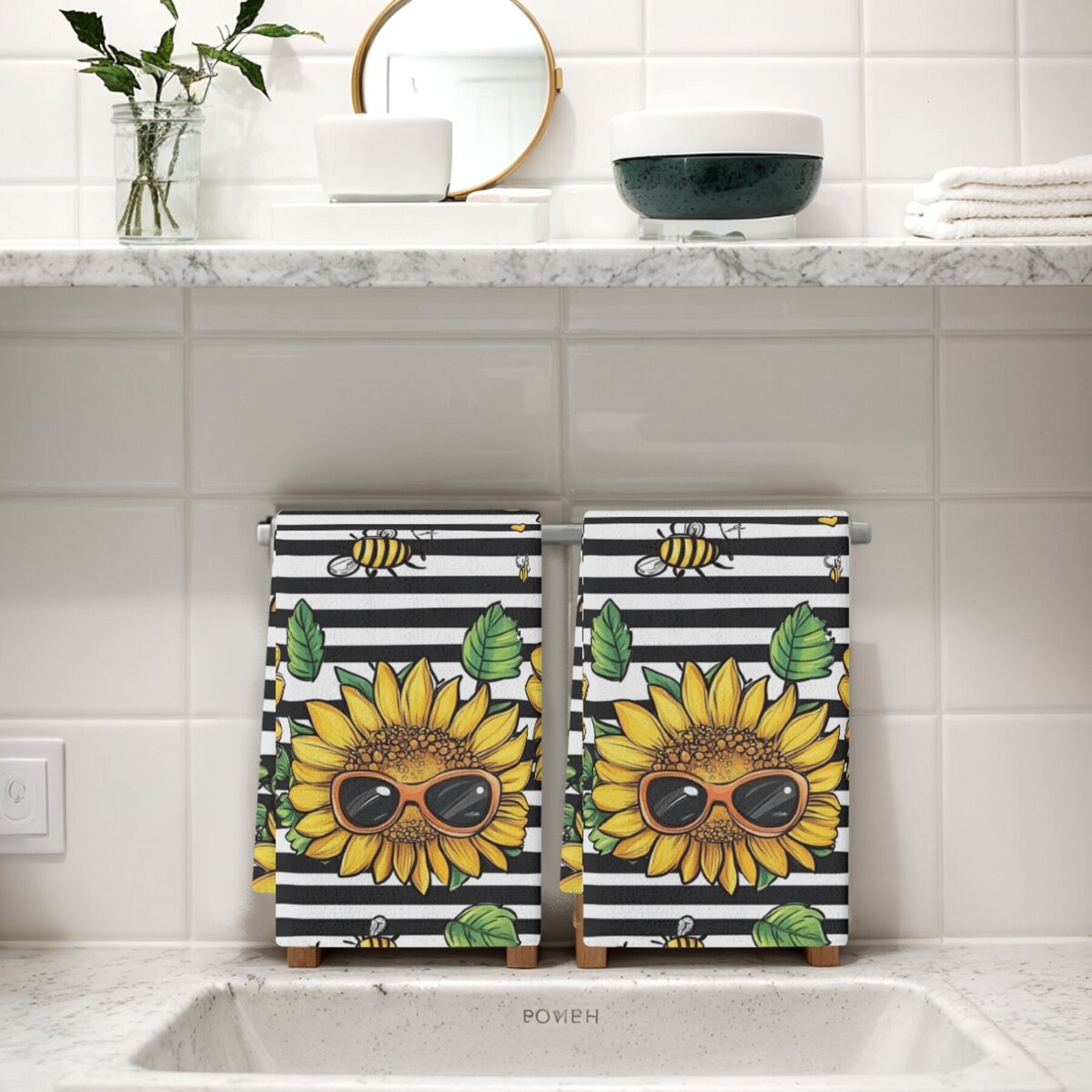 2pcs modern sunflower patterned polyester dish cloths, woven oblong hand wash only kitchen towels with floral theme, dish towels for kitchen details 6